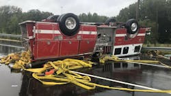 Three China Grove, NC, firefighters suffered minor injuries when their apparatus rolled over on the way to a call Friday. Three China Grove, NC, firefighters suffered minor injuries when their apparatus rolled over on the way to a call Friday.