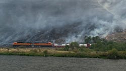 A specially equipped firefighting train from BNSF Railway helping to contain Washington&apos;s Evans Canyon Fire can take firefighters to hard-to-reach hot spots, carries 30,000 gallons of water and uses hoses to shoot water up to 30 feet away.