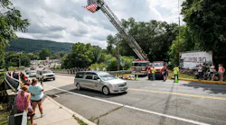 First responders gather at a funeral home in Millersburg, PA, to honor Halifax firefighter and tow truck driver Tyler Laudenslager, who was killed while offering roadside assistance on Interstate 78 in July.