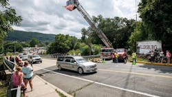 First responders gather at a funeral home in Millersburg, PA, to honor Halifax firefighter and tow truck driver Tyler Laudenslager, who was killed while offering roadside assistance on Interstate 78 in July. First responders gather at a funeral home in Millersburg, PA, to honor Halifax firefighter and tow truck driver Tyler Laudenslager, who was killed while offering roadside assistance on Interstate 78 in July.