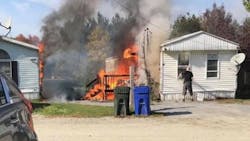 The Hinesburg, VT, fire chief was wounded by a stray round from live ammunition inside a mobile home that discharged during a fire Saturday. The Hinesburg, VT, fire chief was wounded by a stray round from live ammunition inside a mobile home that discharged during a fire Saturday.