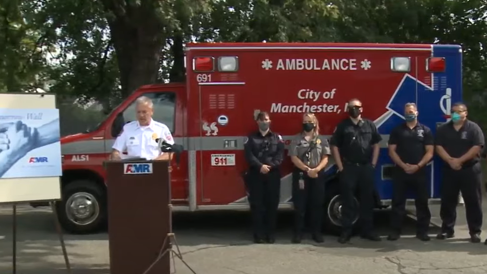 Manchester, NH, Fire Chief Dan Goonan honored the firefighters in his department and the AMR paramedics who saved firefighter Craig Ferry, who suffered a heart attack during a call in May.