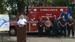 Manchester, NH, Fire Chief Dan Goonan honored the firefighters in his department and the AMR paramedics who saved firefighter Craig Ferry, who suffered a heart attack during a call in May. Manchester, NH, Fire Chief Dan Goonan honored the firefighters in his department and the AMR paramedics who saved firefighter Craig Ferry, who suffered a heart attack during a call in May.