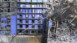New Orleans crews battled a one-alarm fire that broke out Monday at the site of the collapsed Hard Rock Hotel. New Orleans crews battled a one-alarm fire that broke out Monday at the site of the collapsed Hard Rock Hotel.