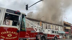 More than 70 Oakland, CA, firefighters put out a five-alarm blaze at a two-story building in the city's Chinatown neighborhood Wednesday. More than 70 Oakland, CA, firefighters put out a five-alarm blaze at a two-story building in the city's Chinatown neighborhood Wednesday.