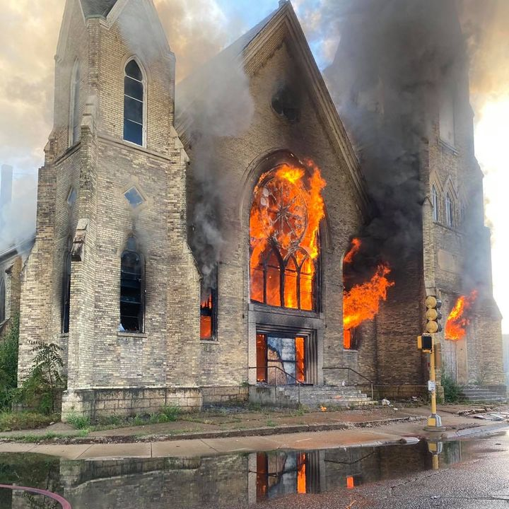 As many as 30 Rockford, IL, firefighters from several fire companies battled a massive blaze that erupted at a condemned church in the city's downtown Wednesday.