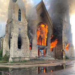 As many as 30 Rockford, IL, firefighters from several fire companies battled a massive blaze that erupted at a condemned church in the city's downtown Wednesday. As many as 30 Rockford, IL, firefighters from several fire companies battled a massive blaze that erupted at a condemned church in the city's downtown Wednesday.