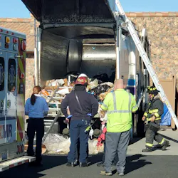 Spokane, WA, Fire Department and Spokane County Fire District 9 crews rescued an injured man who was trapped inside a garbage truck Monday.