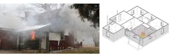 Figure 1. A photograph of an experiment from a kitchen fire in a single-story residential structure that has two open kitchen windows (single-family Experiment 16), and a representation of flows (intake and exhaust). After the rooms of the house open to the fire room have filled with smoke, the kitchen windows served as the only intake and exhaust vents of the flow path (shaded in gray).