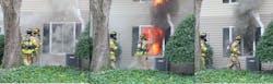 Figure 11. Examples of coordinated suppression one second before start of ventilation, one second after start of ventilation and 20 seconds after start of ventilation. The suppression crew was in place outside of the apartment door (in the enclosed stairwell), made entry to unit and began flowing water within seven seconds of the start of window ventilation. Figure 11. Examples of coordinated suppression one second before start of ventilation, one second after start of ventilation and 20 seconds after start of ventilation. The suppression crew was in place outside of the apartment door (in the enclosed stairwell), made entry to unit and began flowing water within seven seconds of the start of window ventilation.