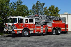 The Waldorf, MD, Fire Department&rsquo;s 2020 Pierce Arrow XT 100-foot, midmount tower ladder is equipped with multiple ground ladders and a full complement of truck company tools. The transverse forward body compartment makes good utilization of space that would be occupied by the fire pump on a quint device. It accommodates a stokes basket and long tool storage.