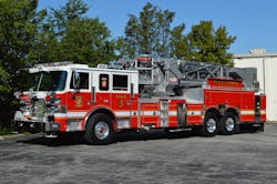 The Waldorf, MD, Fire Department’s 2020 Pierce Arrow XT 100-foot, midmount tower ladder is equipped with multiple ground ladders and a full complement of truck company tools. The transverse forward body compartment makes good utilization of space that would be occupied by the fire pump on a quint device. It accommodates a stokes basket and long tool storage. The Waldorf, MD, Fire Department’s 2020 Pierce Arrow XT 100-foot, midmount tower ladder is equipped with multiple ground ladders and a full complement of truck company tools. The transverse forward body compartment makes good utilization of space that would be occupied by the fire pump on a quint device. It accommodates a stokes basket and long tool storage.