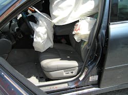Figure 2. Your first view of the interior of this sedan provides more clues about your patient’s potential injuries. Figure 2. Your first view of the interior of this sedan provides more clues about your patient’s potential injuries.