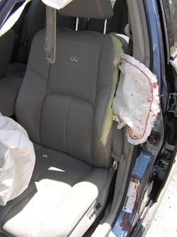 The sedan’s deployed driver’s-seat airbag clearly shows that the patient’s blood didn’t come from abrasion contact with the seat airbag as it deployed. Look further for clues, such as shattered window glass, loose flying objects that were inside of the vehicle or the patient’s eyeglasses or sunglasses, which might have factored into the injuries that you find when you locate the patient. The sedan’s deployed driver’s-seat airbag clearly shows that the patient’s blood didn’t come from abrasion contact with the seat airbag as it deployed. Look further for clues, such as shattered window glass, loose flying objects that were inside of the vehicle or the patient’s eyeglasses or sunglasses, which might have factored into the injuries that you find when you locate the patient.