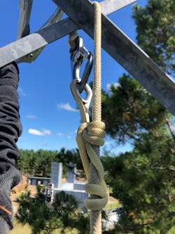 An optional work positioning tie-off that uses a Grillon comprises a cord that’s made of abrasion-resistant Technora filament yarn and a RIT-Prusik, which has a thimble tied midline to create a convenient, one-handed tie-back system. An optional work positioning tie-off that uses a Grillon comprises a cord that’s made of abrasion-resistant Technora filament yarn and a RIT-Prusik, which has a thimble tied midline to create a convenient, one-handed tie-back system.