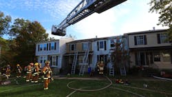 A Howard County, MD, firefighter was injured during a two-alarm townhouse blaze Friday. A Howard County, MD, firefighter was injured during a two-alarm townhouse blaze Friday.