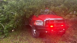 A tree weakened by a lightning-ignited blaze fell on a Crabb&apos;s Prairie, TX, Fire Company brush truck on Father&apos;s Day, totalling the vehicle.