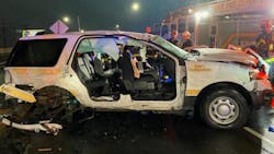 A Denver Fire Department shift commander was responding to a call Thursday when he was struck by another car, and the crash overturned his vehicle. A Denver Fire Department shift commander was responding to a call Thursday when he was struck by another car, and the crash overturned his vehicle.