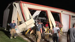 A pickup truck traveling more than 100 mph crashed into Ellinwood, KS, Fire Department's station Tuesday, destroying two vehicles.