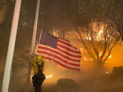 Fremont, CA, firefighters rescued a flag threatened by the Glass Fire at the Fairwinds Estate Winery in Calistoga this week. Fremont, CA, firefighters rescued a flag threatened by the Glass Fire at the Fairwinds Estate Winery in Calistoga this week.
