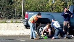 An off-duty Hackensack deputy firefighter helped revive a driver who stopped breathing following a traffic accident Tuesday. An off-duty Hackensack deputy firefighter helped revive a driver who stopped breathing following a traffic accident Tuesday.