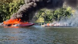 A 52-foot recreational boat on the Merrimack River in Haverhill, MA, catches fire Sept. 6 while the occupants were doing maintenance work on the vessel. A 52-foot recreational boat on the Merrimack River in Haverhill, MA, catches fire Sept. 6 while the occupants were doing maintenance work on the vessel.