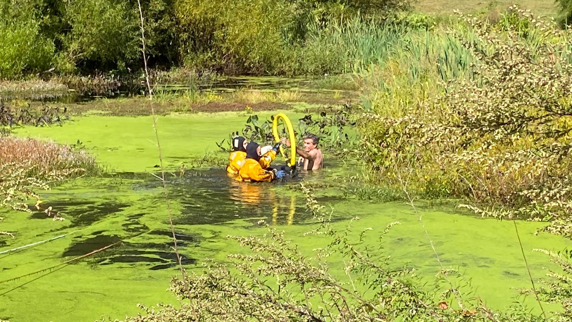 Milford, CT, firefighters rescued a dog and his owner who were trapped in a muddy pond Wednesday.