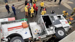 Three firefighters were injured when their apparatus plunged 20-feet off a bridge south of the California-Mexico border in Tijuana on Friday.