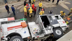 Three firefighters were injured when their apparatus plunged 20-feet off a bridge south of the California-Mexico border in Tijuana on Friday.