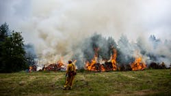 A firefighter stands near a burn line while waiting for a helicopter to dump water during a wildfire training exercise in Molalla, OR.
