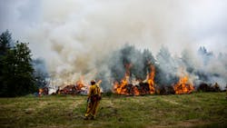 A firefighter stands near a burn line while waiting for a helicopter to dump water during a wildfire training exercise in Molalla, OR. A firefighter stands near a burn line while waiting for a helicopter to dump water during a wildfire training exercise in Molalla, OR.