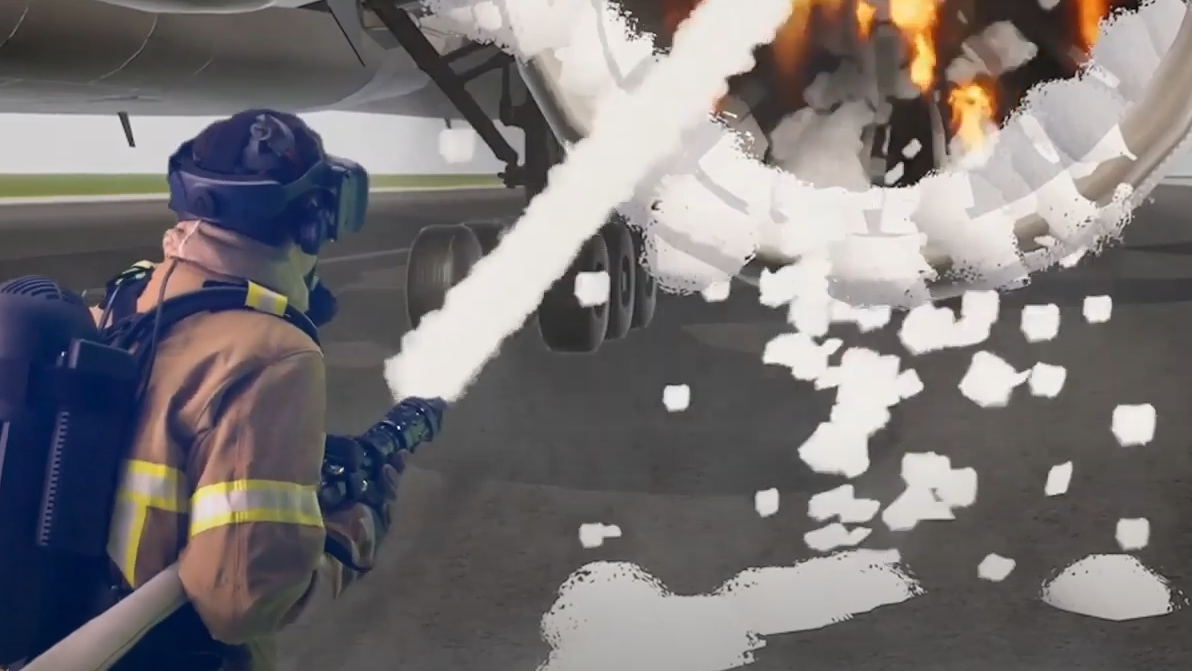 A look at what a firefighter experiences using FLAIM Systems' virtual reality trainer.
