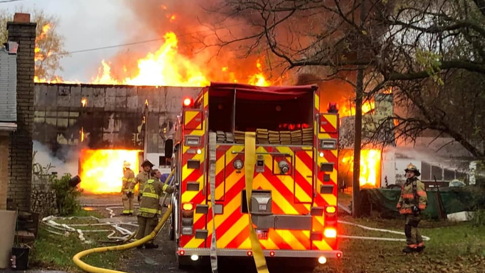Crews from eight fire departments worked for eight hours to extinguish a large blaze that broke out at a barn filled with dry hay in northeast Webster Township, MI, in Washtenaw County on Wednesday.