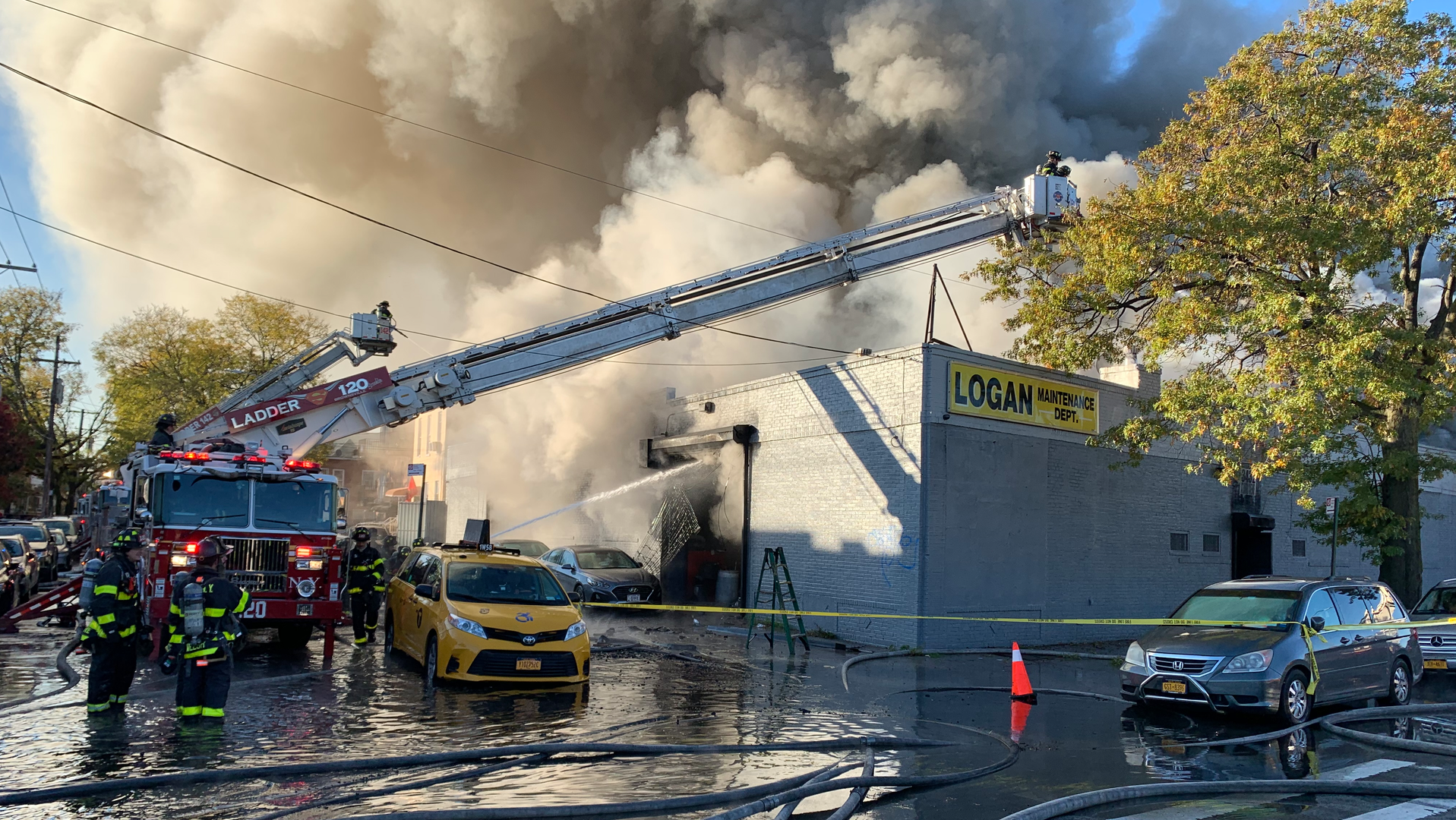 Firefighters battled a five-alarm fire in Brooklyn Saturday morning.