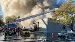 Firefighters battled a five-alarm fire in Brooklyn Saturday morning. Firefighters battled a five-alarm fire in Brooklyn Saturday morning.