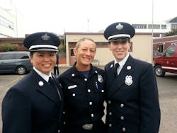 In 2012, a rise in breast cancer diagnosis among San Francisco Fire Department (SFFD) firefighters was noticed. Pictured: SFFD firefighters Julie Mau (left), Heather Buren and Dawn DeWitt. In 2012, a rise in breast cancer diagnosis among San Francisco Fire Department (SFFD) firefighters was noticed. Pictured: SFFD firefighters Julie Mau (left), Heather Buren and Dawn DeWitt.
