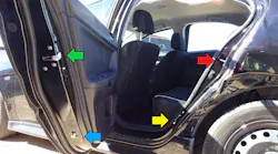On this Mitsubishi sedan, the safety latch (green arrow) and safety lock (red arrow) are located well above the striker pin (a bolt in this case, blue arrow) and the striker plate (yellow arrow), which is on the C-pillar.
