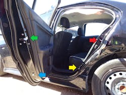 On this Mitsubishi sedan, the safety latch (green arrow) and safety lock (red arrow) are located well above the striker pin (a bolt in this case, blue arrow) and the striker plate (yellow arrow), which is on the C-pillar.