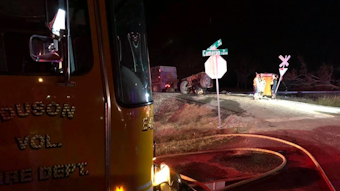 Duson, LA, firefighters and a Lafayette Fire Department hazmat crew responded to a collision between an Amtrak train and an 18-wheel dump truck late Tuesday.