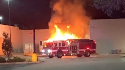 Hernando County, FL, firefighters worked to put out a blaze that ignited with a tractor-trailer before spreading to two other semis near a Brooksville Walmart on Friday. Hernando County, FL, firefighters worked to put out a blaze that ignited with a tractor-trailer before spreading to two other semis near a Brooksville Walmart on Friday.