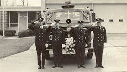 High Point, NC, firefighters salute as the procession for Capt. Roy Gay passes by. Gay died in a three-alarm furniture store fire on Nov. 1, 1970. High Point, NC, firefighters salute as the procession for Capt. Roy Gay passes by. Gay died in a three-alarm furniture store fire on Nov. 1, 1970.