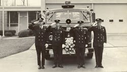 High Point, NC, firefighters salute as the procession for Capt. Roy Gay passes by. Gay died in a three-alarm furniture store fire on Nov. 1, 1970. High Point, NC, firefighters salute as the procession for Capt. Roy Gay passes by. Gay died in a three-alarm furniture store fire on Nov. 1, 1970.