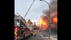 Oakland, CA, firefighters battle a two-alarm blaze Friday that broke out at an abandoned building that the city had declared 'unsafe to occupy' at the end of August. Oakland, CA, firefighters battle a two-alarm blaze Friday that broke out at an abandoned building that the city had declared 'unsafe to occupy' at the end of August.