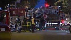 A San Francisco firefighter was critically injured by a hose line during a high-rise blaze Monday. A San Francisco firefighter was critically injured by a hose line during a high-rise blaze Monday.