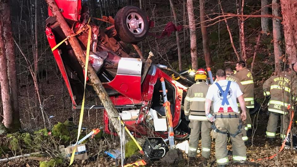 Whitehall, NY, firefighters extricated a man from a pickup truck after he swerved to avoid hitting a deer and crashed into a street Saturday.