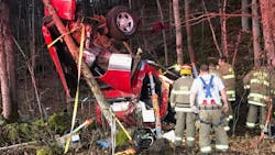 Whitehall, NY, firefighters extricated a man from a pickup truck after he swerved to avoid hitting a deer and crashed into a street Saturday.