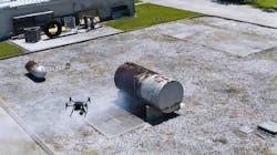 A drone that is equipped with a thermal imaging camera can see the liquid levels in hazmat containers.