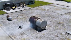 A drone that is equipped with a thermal imaging camera can see the liquid levels in hazmat containers. A drone that is equipped with a thermal imaging camera can see the liquid levels in hazmat containers.