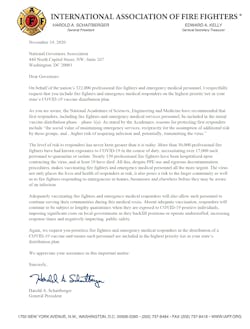 The letter from International Association of Fire Fighters to the National Governors Association concerning vaccinations for first responders.