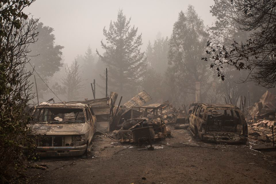 Remains of a home and vehicles burned by the Beachie Creek Fire in Gates, OR, on Sept. 13, 2020.